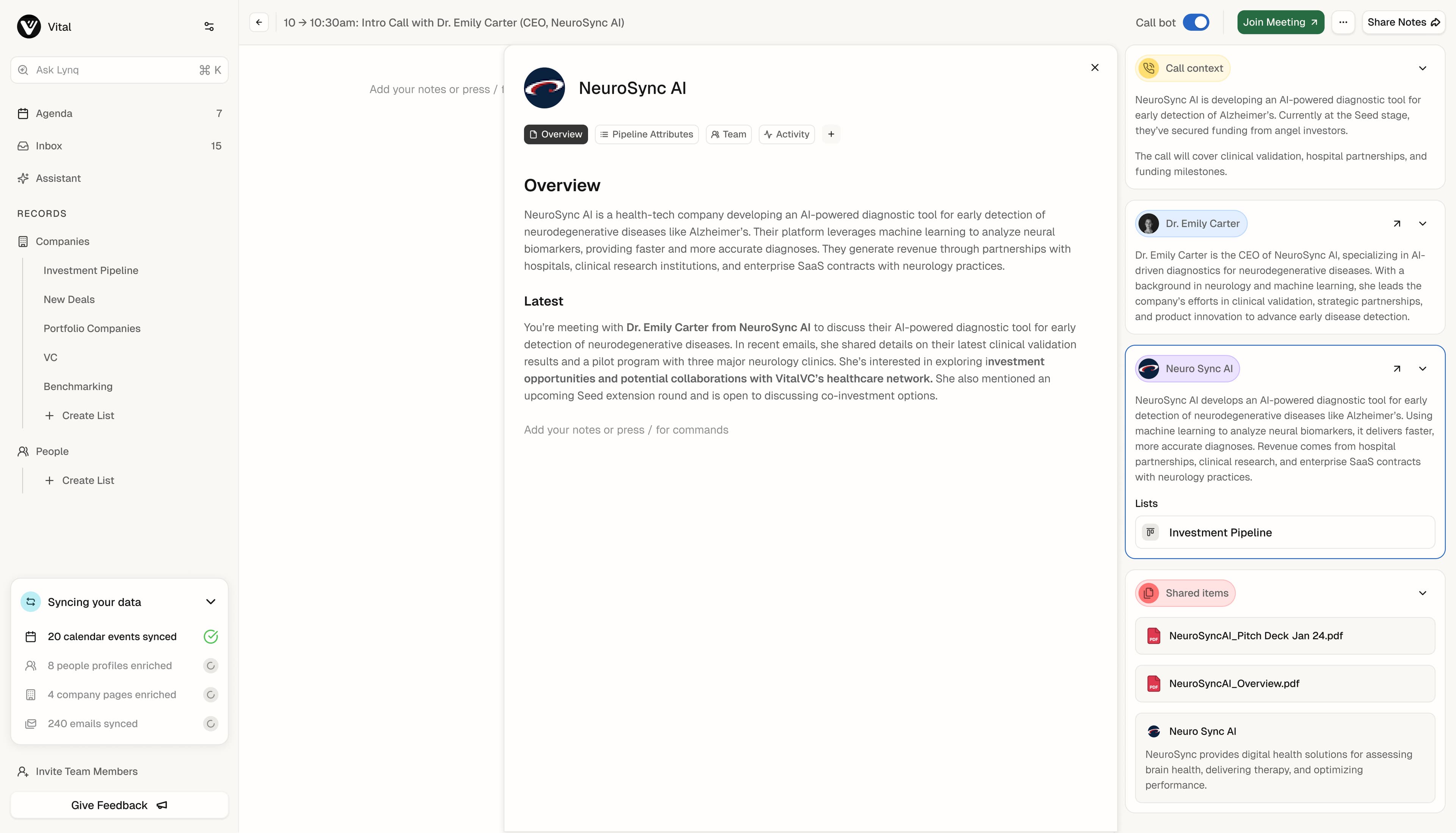 Vital call notes screen with company context and shared items