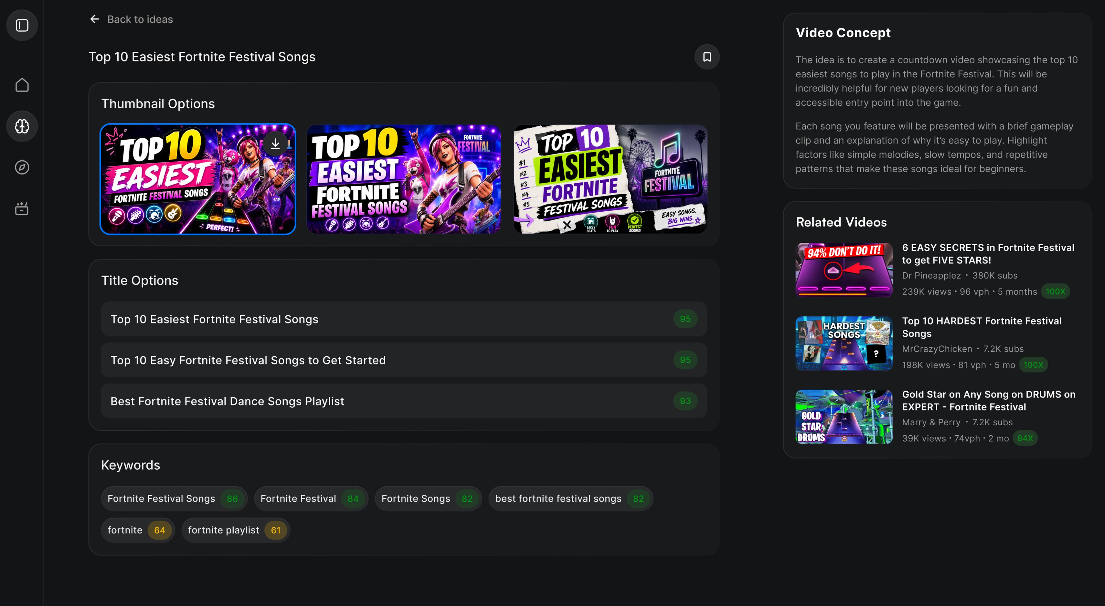 vidIQ idea detail page showing title options, thumbnails, keywords, and related videos